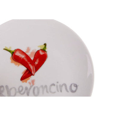 White ceramic antipasti plate with vibrant red pepper illustration and gray peperoncino text from four antipasti plates set