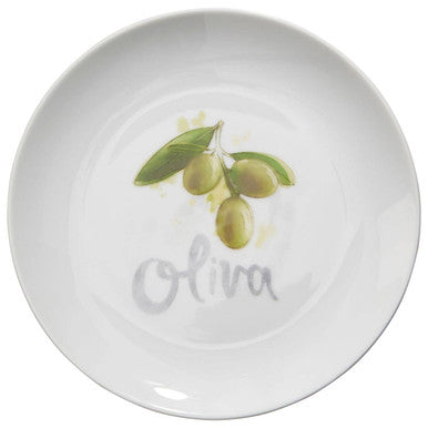 White ceramic antipasti plate with green olive illustration and oliva script from the italia set of four antipasti plates