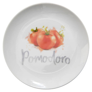 White ceramic antipasti plate with red tomatoes and pomodoro script from the italia set of four antipasti plates