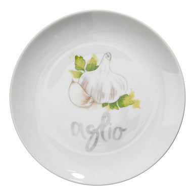 White ceramic antipasti plate hand-painted with garlic and green leaves from a set of four antipasti plates