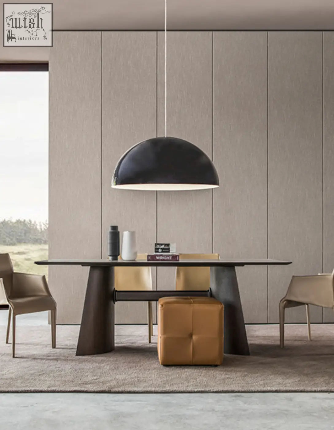 Black dome-shaped pendant light with minimalist design hanging above italian retro dining table made of solid wood