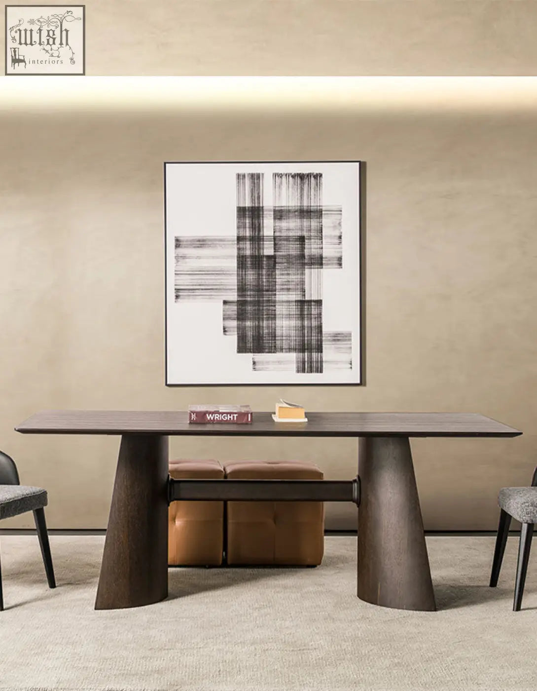 Dark wood italian retro dining table with sculptural tapered legs made from solid wood and minimalist design
