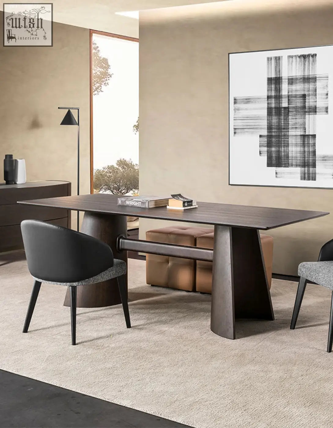 Modern italian retro dining table in dark solid wood with sleek sculptural legs and minimalist design