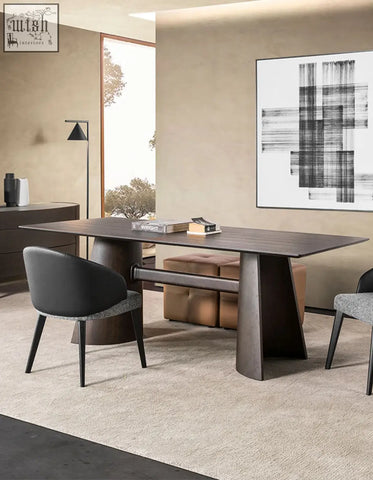 Modern italian retro dining table in dark solid wood with sleek sculptural legs and minimalist design