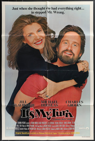 Vintage 1980 its my turn movie poster with jill clayburgh and michael douglas in red lettering on light background