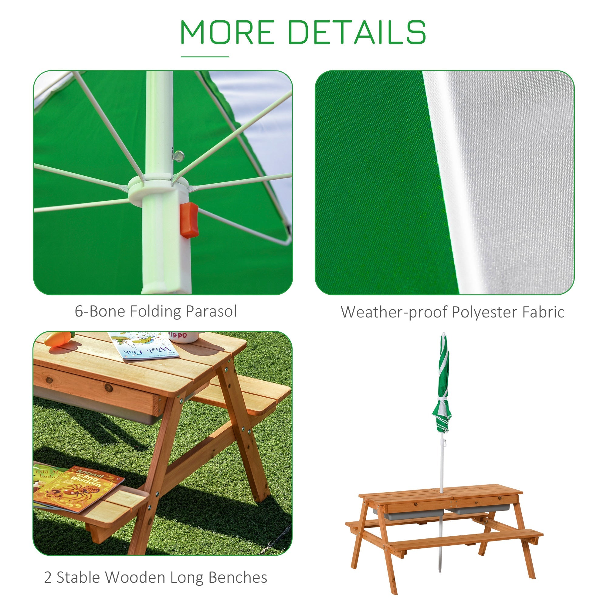 Outsunny Kids Picnic Table with Benches, Wooden Sand and Water Table, Adjustable Parasol, Storage Bins, for Kids 3-6 Years, Brown