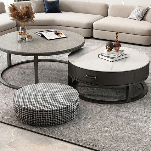 Ivan nesting coffee table with sintered stone white marble top black metal frame and a single drawer for storage