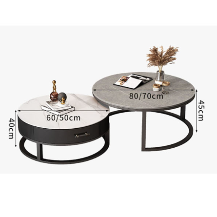 Modern minimalist ivan nesting coffee table with round sintered stone tops and sleek black metal frames