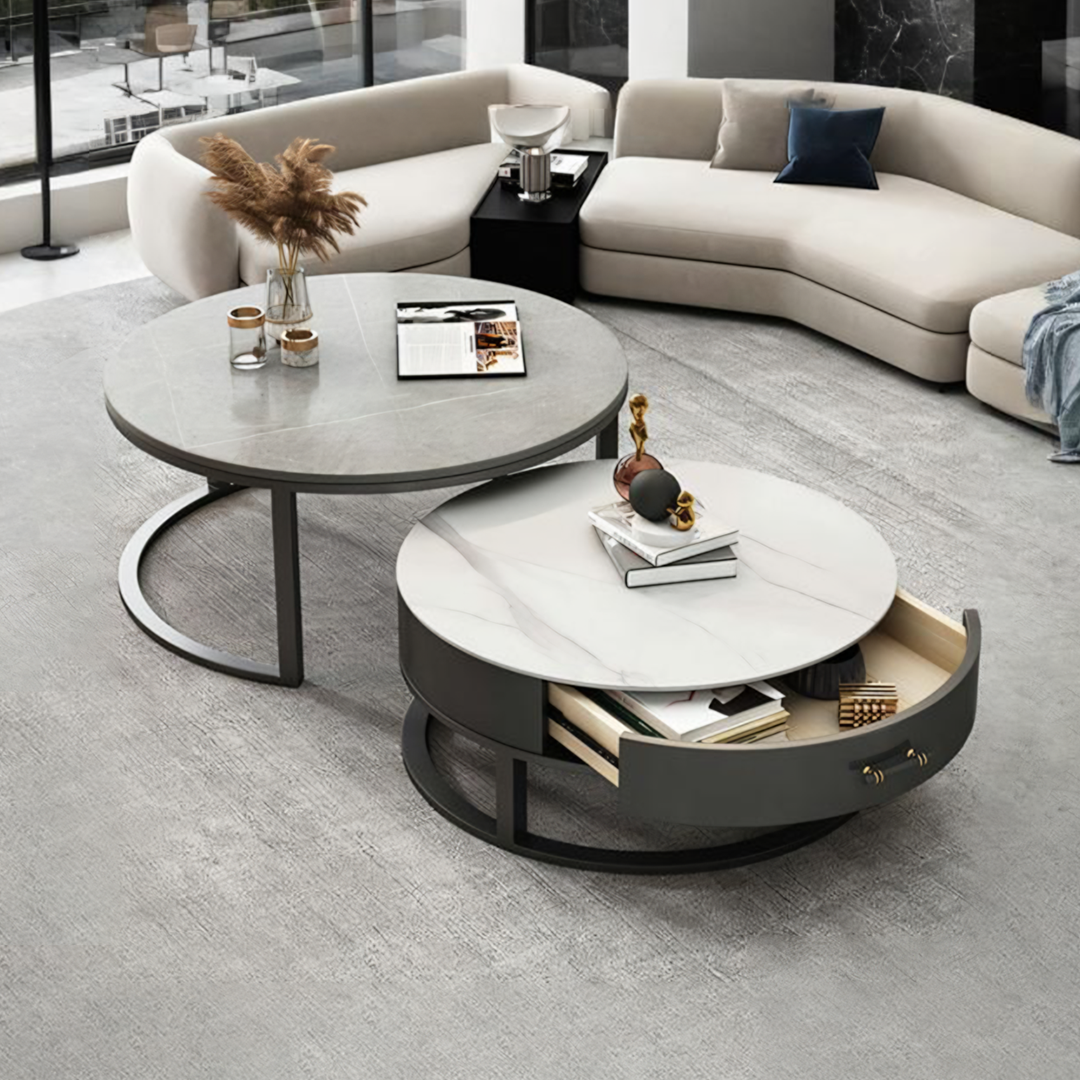 Modern round ivan nesting coffee table with sleek gray sintered stone top and black metal frame featuring drawer storage