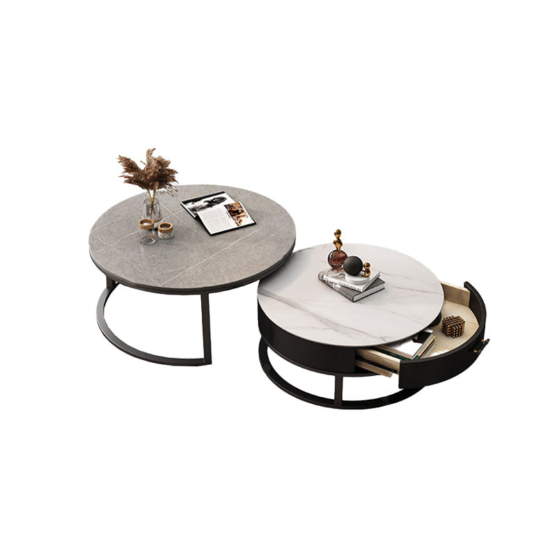 Modern ivan nesting coffee table set with sintered stone tops black metal frames and built-in drawer on one table