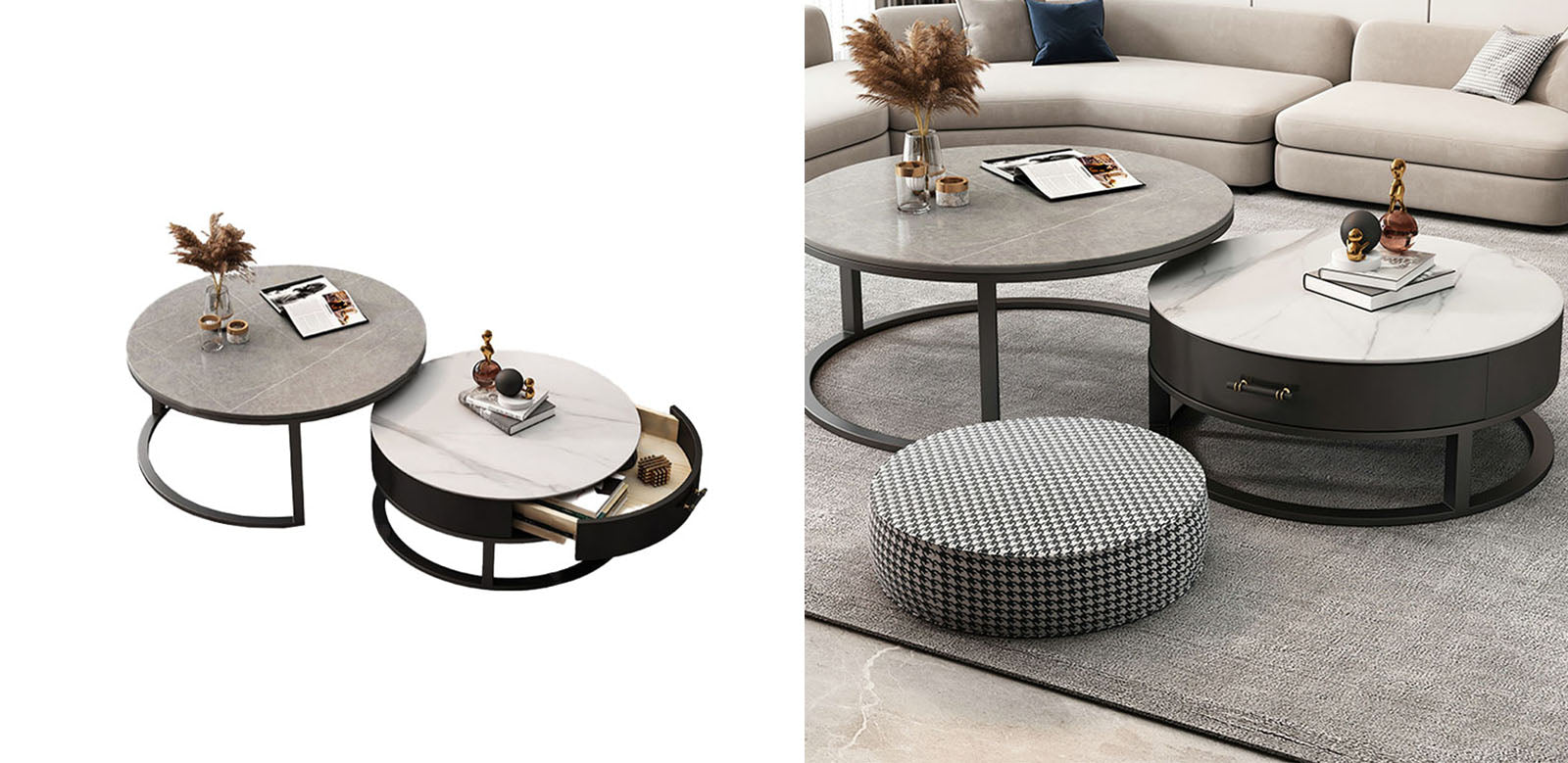 Modern ivan nesting coffee table with sleek gray sintered stone tops and black metal frames, one with built-in drawer