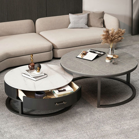 Modern ivan nesting coffee table with sintered stone white marble top black metal frame and storage drawer