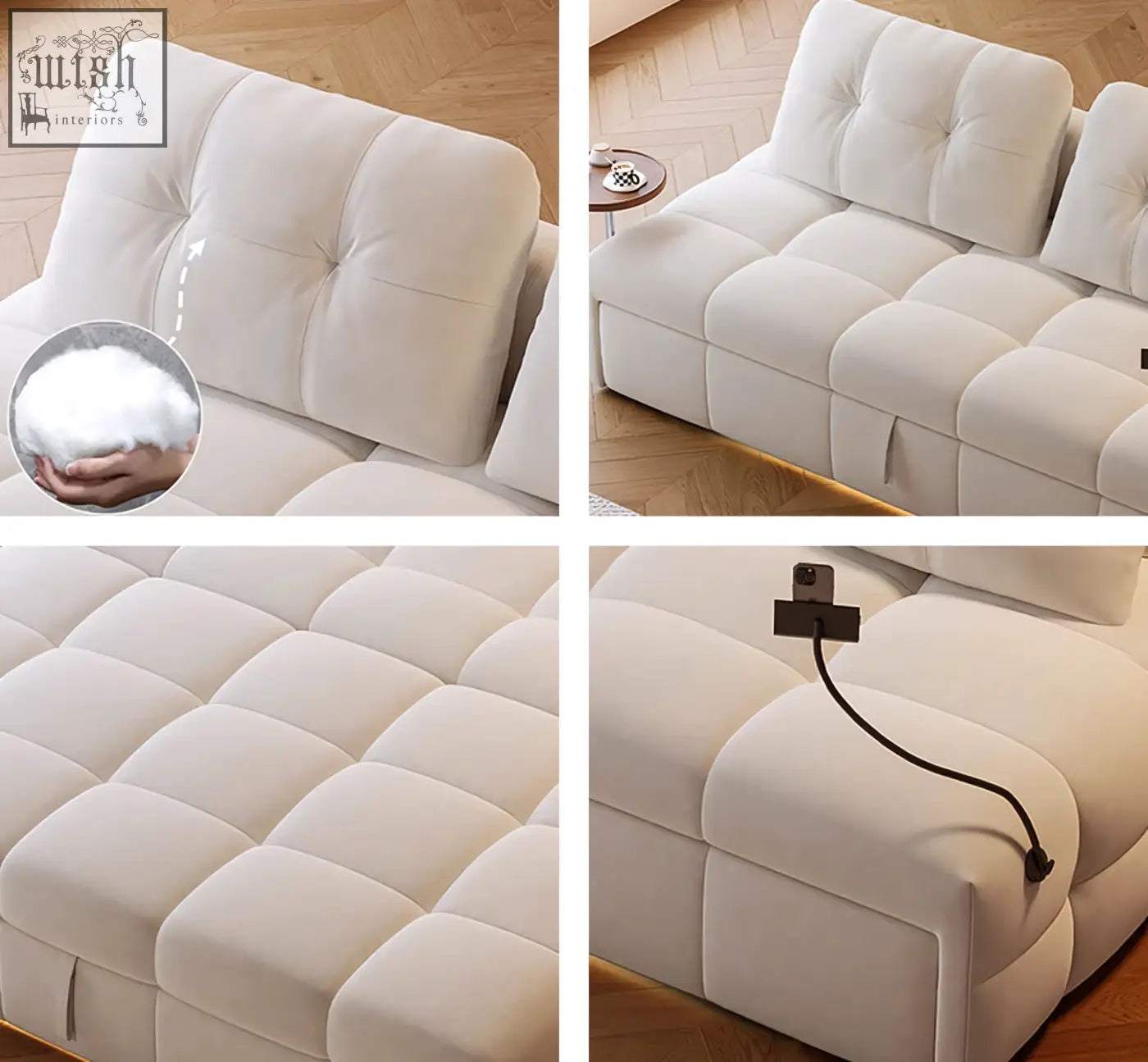 Cream-colored tufted velvet sofa bed with quilted cushions and side smart phone holder offering financing and low shipping cost
