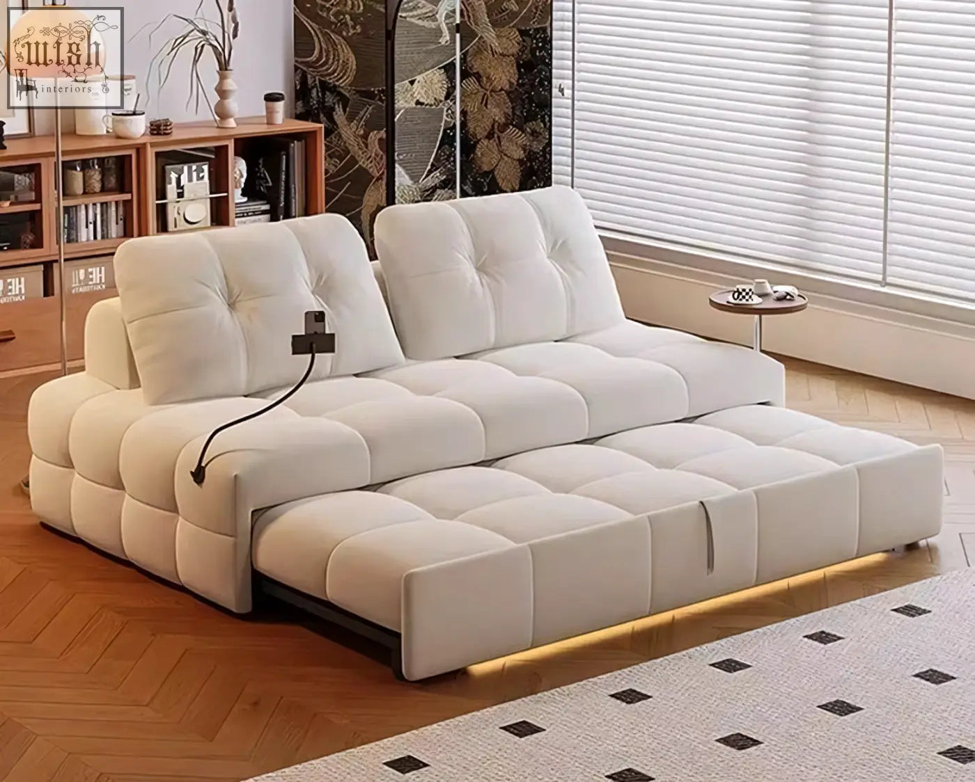 Cream-colored tufted ivanov two seater sofa bed with led lighting and side smart phone holder offer financing and shipping cost available
