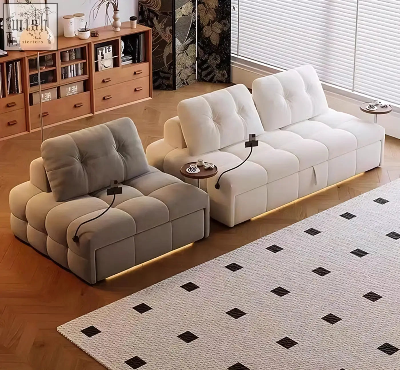 Cream-colored tufted ivanov two seater sofa bed with led lighting built-in charging ports and side smart phone holder offer financing and shipping cost available