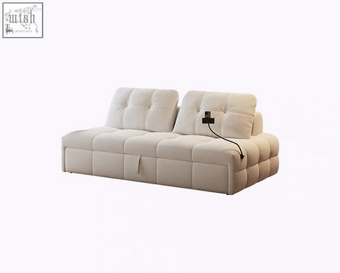 Cream-colored ivanov two seater sofa bed with tufted cushions and built-in power outlet offer financing shipping cost options