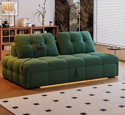 Emerald green tufted velvet ivanov two seater sofa bed with segmented cushioning and integrated power outlet offers financing and shipping cost options
