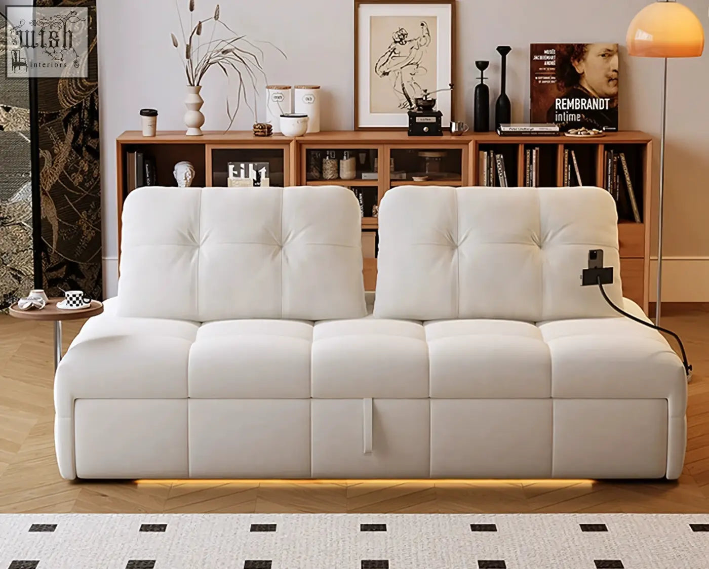 White tufted leather ivanov two seater sofa bed with side smart phone holder and integrated power outlets offer financing and shipping cost available