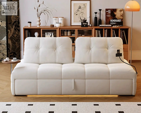 White tufted leather ivanov two seater sofa bed with side smart phone holder and integrated power outlets offer financing and shipping cost available