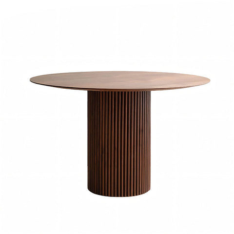 Ivar round dining table features a sleek dark oak round dining table top with a fluted cylindrical base