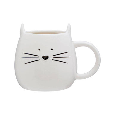 Ivory cat mug made of white ceramic with black whiskers eyes and nose perfect for cat mug lovers