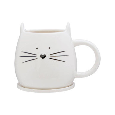 Ivory cat mug shaped like a white ceramic cat head with black whiskers eyes and nose included with coaster