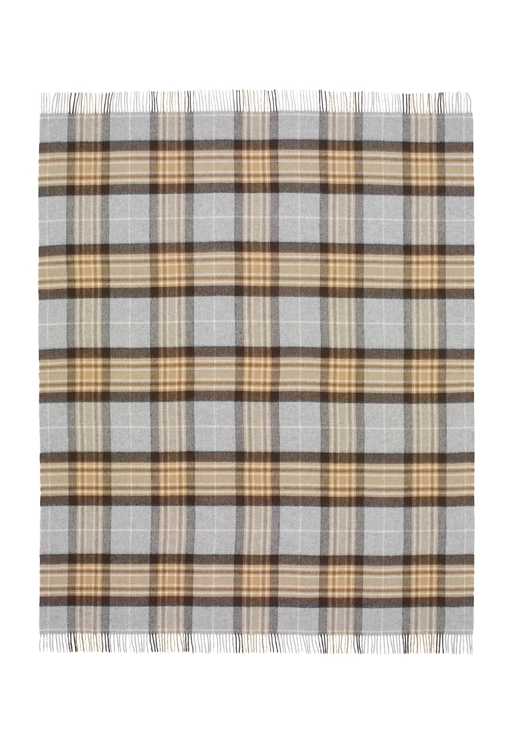 A soft light gray woolen throw with beige and dark brown plaid stripes and fringed edges called ivy’s highland tartan plaid throw