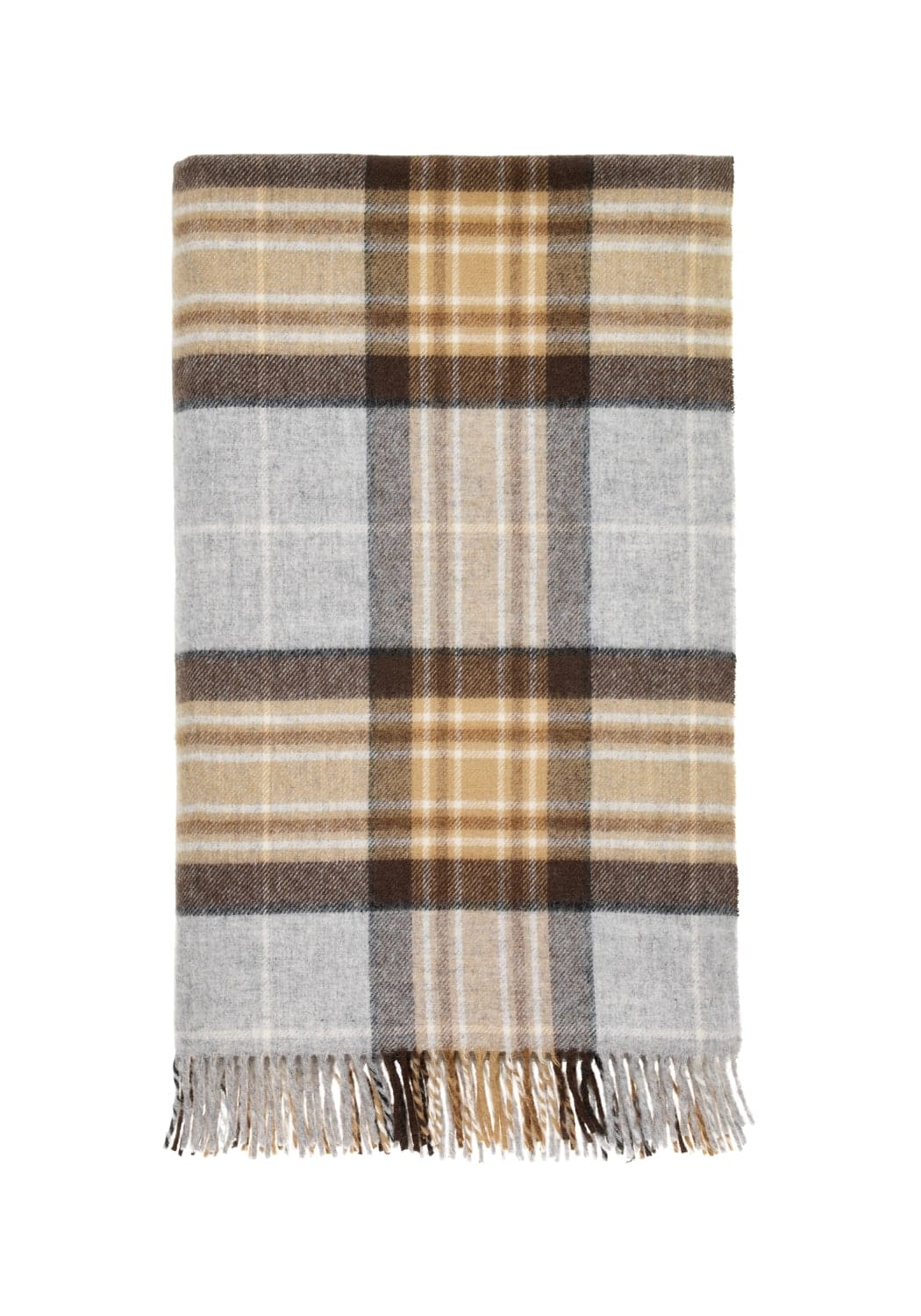 Ivy’s highland tartan plaid throw is a soft woolen blanket with beige brown and gray stripes and fringed edges