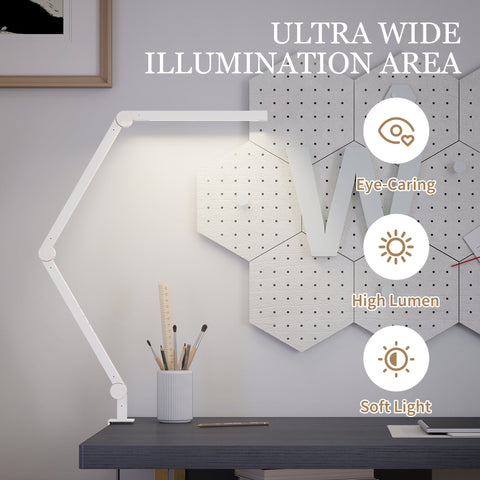 HOMCOM LED Desk Lamp, Dimmable Desk Light with Swing Arm and Clamp, Adjustable Eye-Caring Table Lamp with 2 Colour Modes & 5 Brightness Levels for Study, Drawing, Office, Architect, Task, White