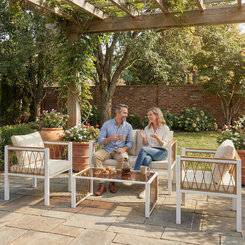 Outsunny 4 Piece Rattan Garden Furniture Set with Loveseat, 2 Armchairs, Table, Metal Frame Patio Conversation Set, Cream White