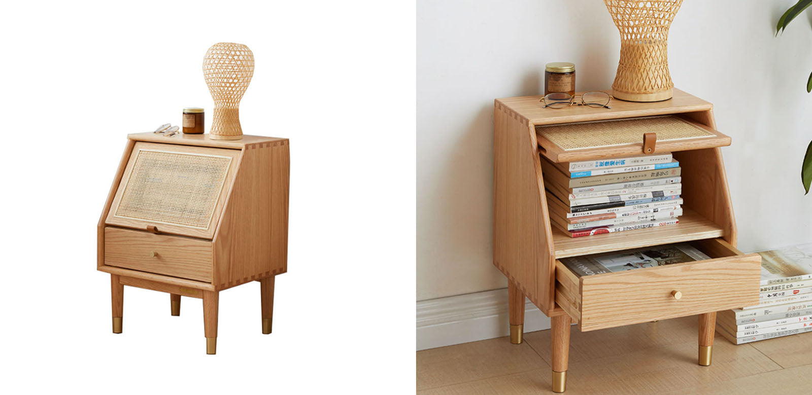 Izabella bedside table oak made of light wood with cane paneling, slanted top, drawer, and tapered legs bedside table