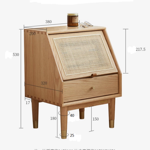 Light wood izabella bedside table with woven cane top drawer and tapered legs in oak finish
