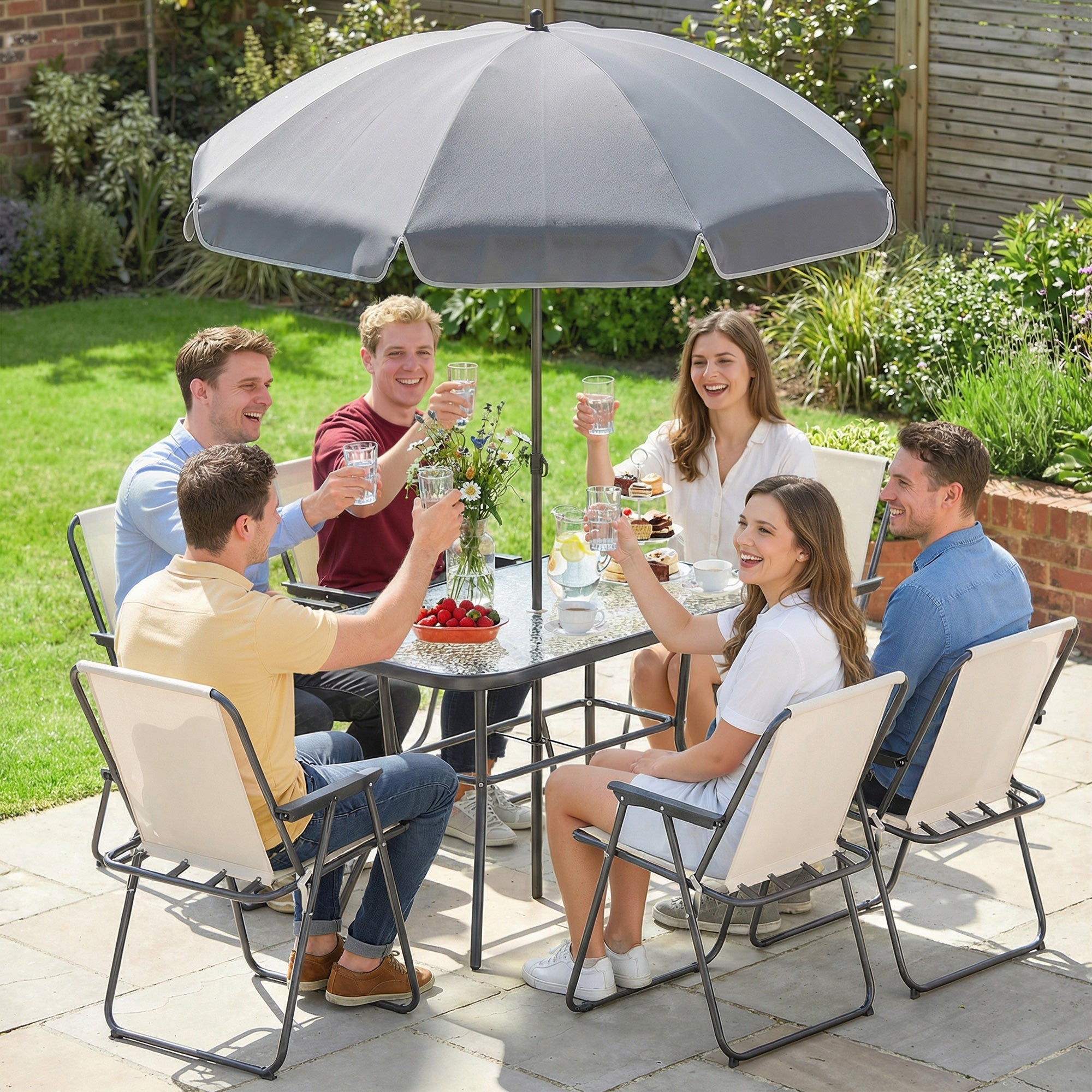 Outsunny 8 Piece Garden Dining Set with Umbrella Garden Furniture Set with 6 Folding Chairs, Tempered Glass Table for Patio Cream