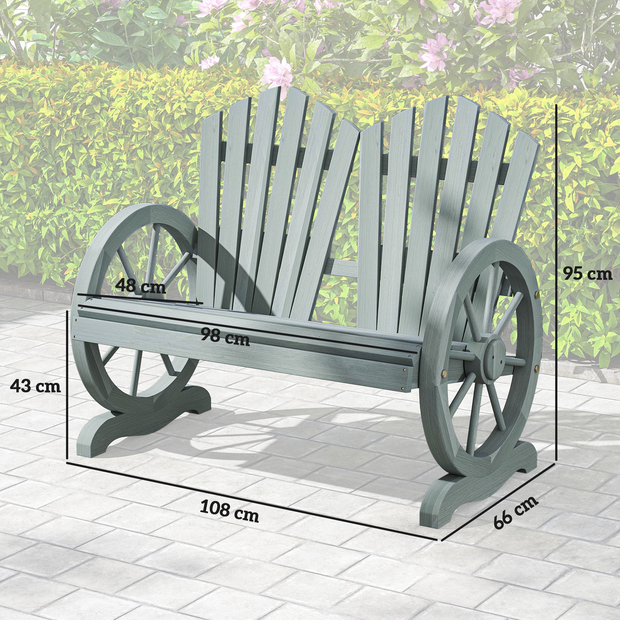 Outsunny Fir Wood Love Seats with Wheel-Shaped Armrests, Large Load-Bearing Chair, Grey
