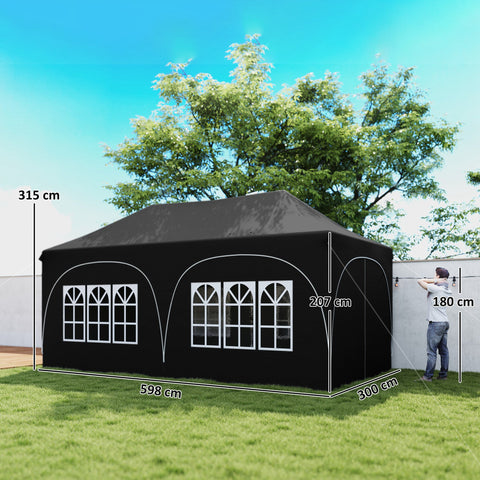 Outsunny 3 x 6m Pop Up Gazebo Shelter with Sides, 6 Sandbags, Peak Top Garden Party Tent Marquee with Carry Bag, Black