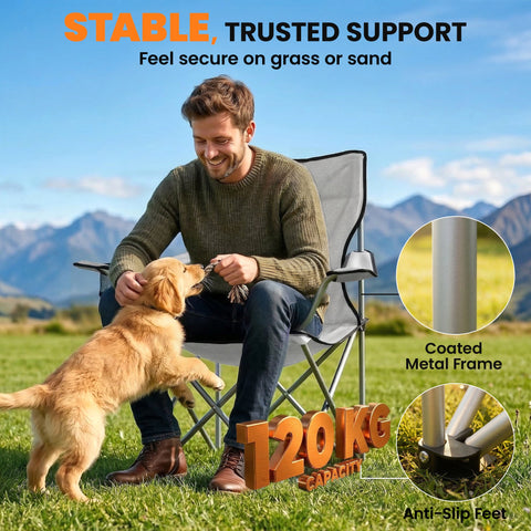 Outsunny Camping Chair Set of 2 Portable Folding Outdoor Camp Chair with Cup Holders and Carry Bag Grey