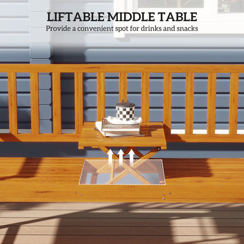 Outsunny Wooden Bench with Liftable Middle Table, Outdoor Bench, Patio Loveseat for Porch, Garden, Seats 2-3 People