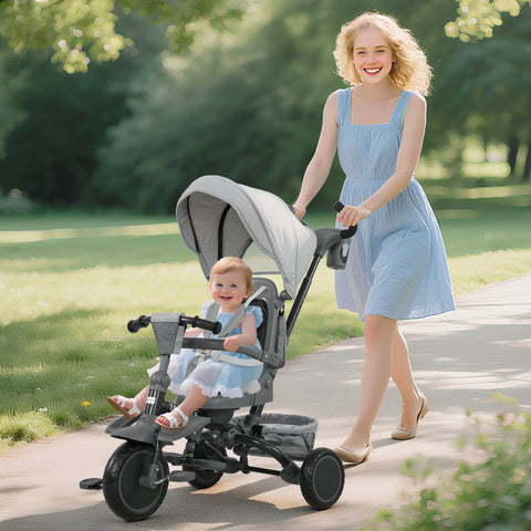 AIYAPLAY 6 in 1 Foldable Kids Trike with Adjustable Parent Handle & Canopy for Ages 1-5, Grey