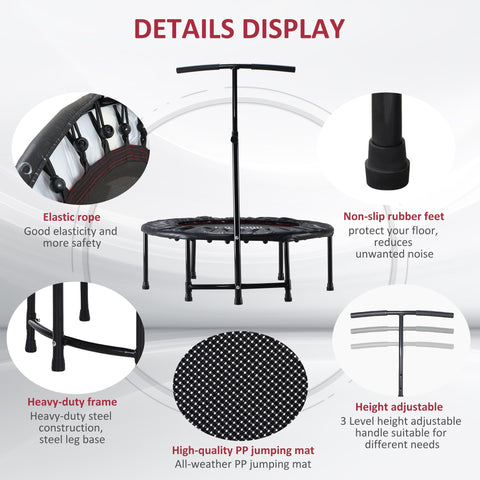 HOMCOM 40'' Fitness Trampoline with Adjustable Handle, Rebounder Trampoline Mini Jumper for Indoor Exercise Workout, Support Up to 100kg, Black