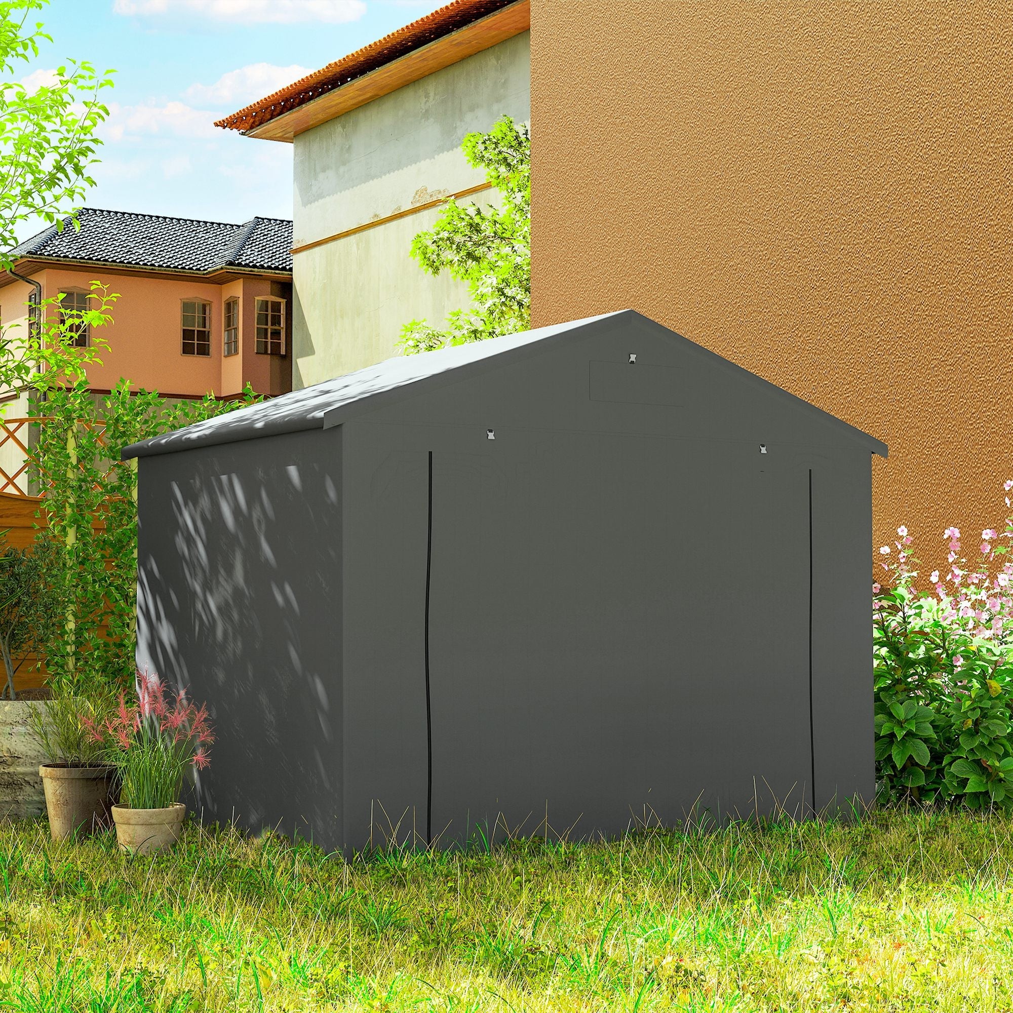Outsunny 8 x 6 ft Outdoor Garden Storage Shed, Waterproof Bike Tent with Roll-Up Zipper Door, Dark Grey