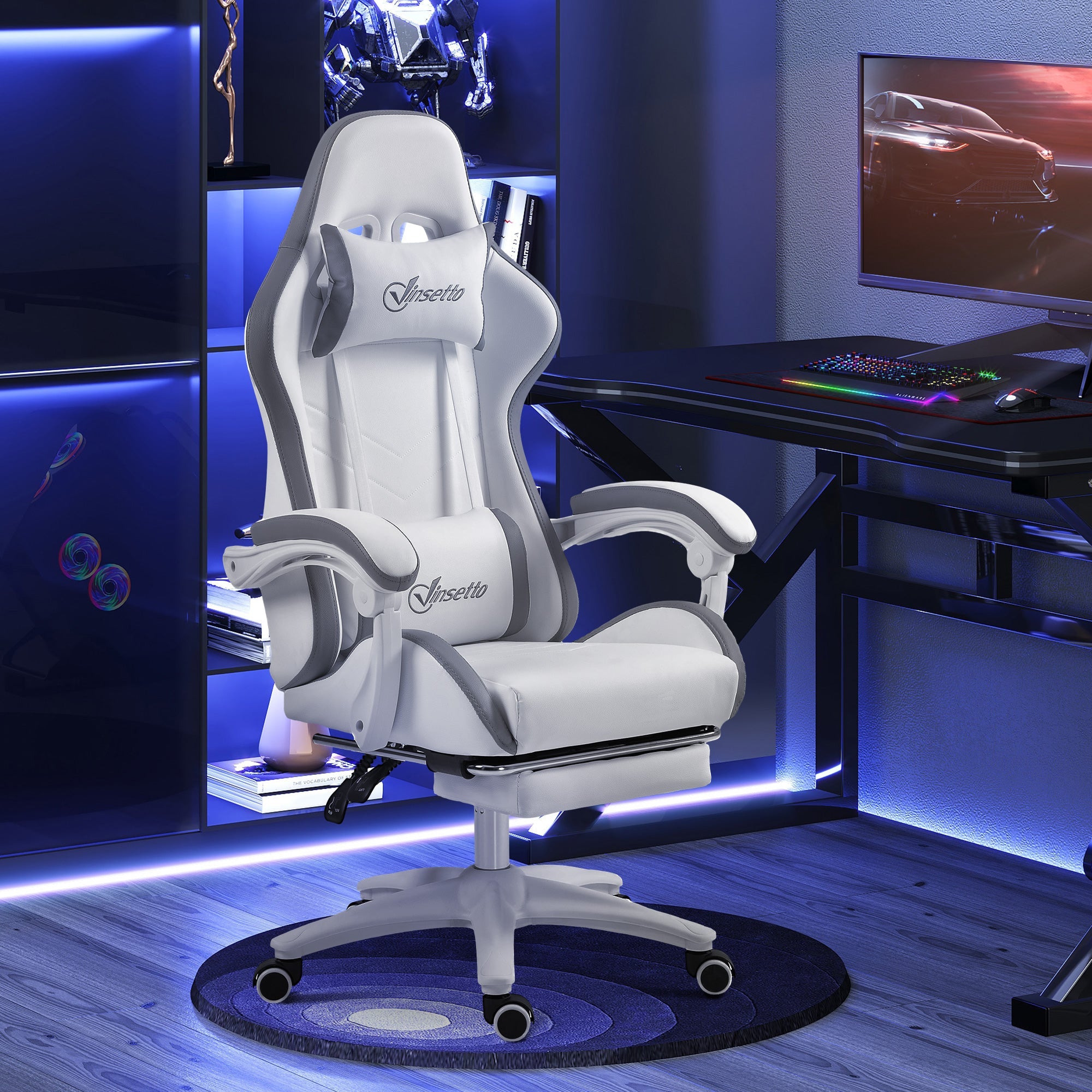Vinsetto Computer Gaming Chair, PU Leather Desk Chair with Footrest, Swivel Task Chair with 135\'c2\'b0 Reclining Back and Lumbar Support, PC Chair for Adults, White and Grey