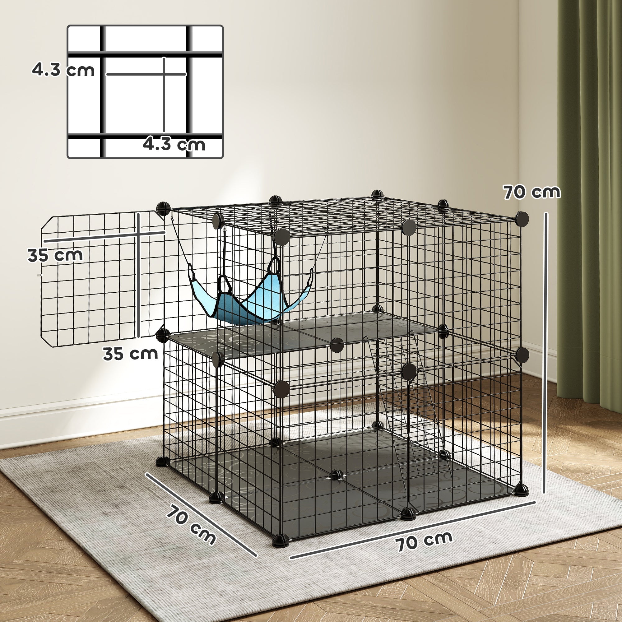 PawHut Indoor Cat Cage DIY Customizable 2-Tier Indoor Cat Enclosure with 2 Doors and Hammock 70 cm Black
