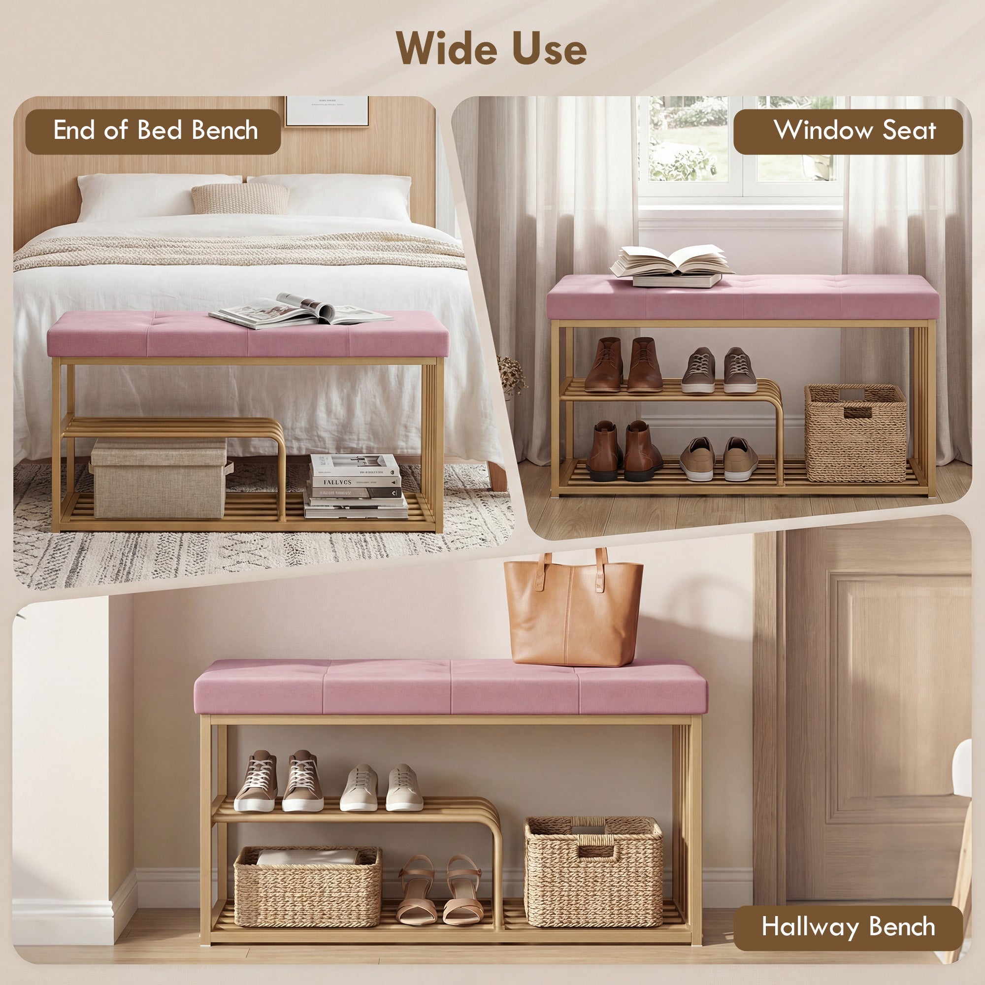 HOMCOM Bench and Shoe Storage, Tufted Shoe Storage Bench with Velvet Seat Cushion Gold Steel Frame for Entryway, Pink