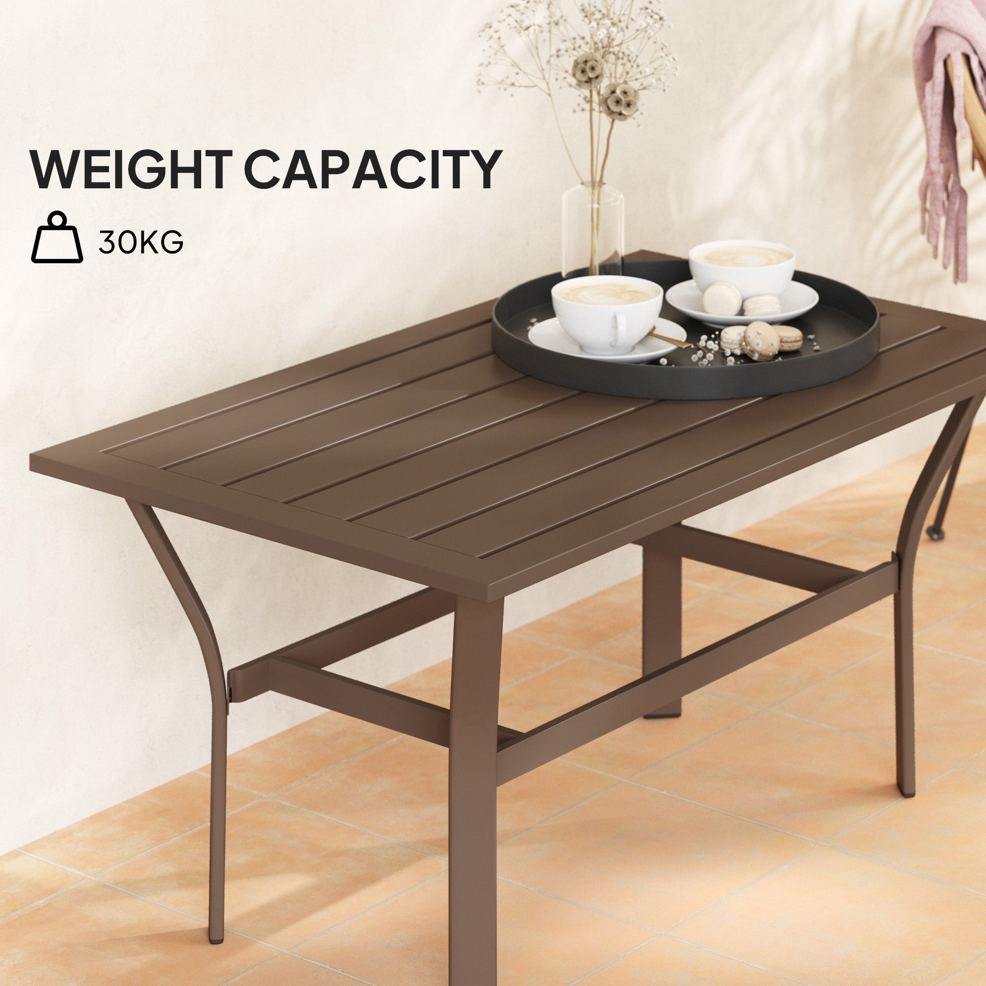 Outsunny Metal Garden Coffee Table, Rectangular Outdoor Side Table with Slatted Tabletop, Foot Pads for Outside, Garden, Balcony, Porch, 91.5 x 55 x 45cm, Brown