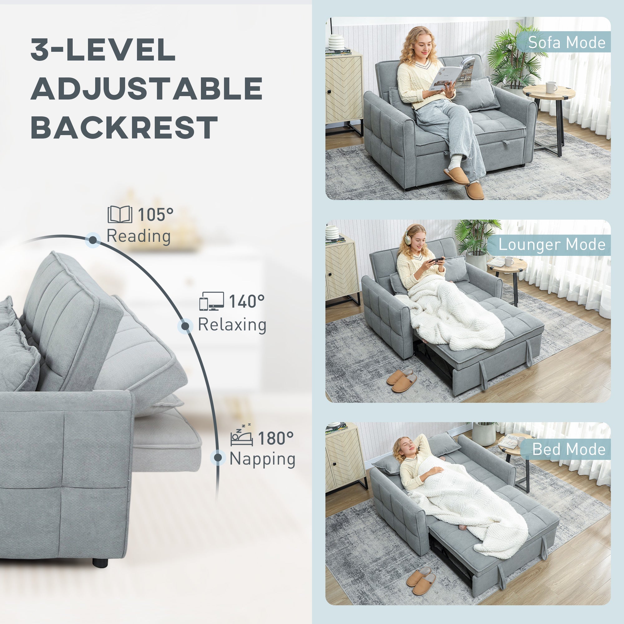 HOMCOM 2 Seater Sofa Bed, 3-in-1 Convertible Sleeper Sofa with Click-clack Adjustable Backrest and 2 Pillows, Grey