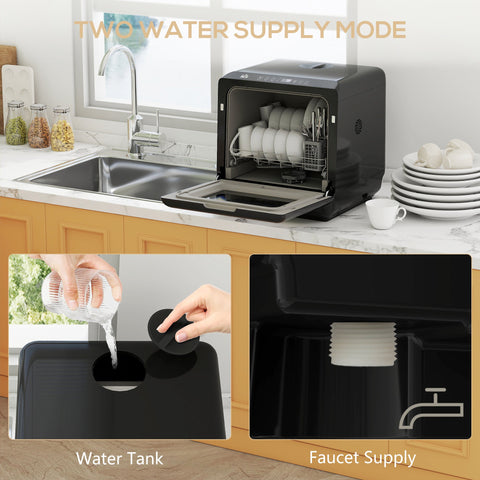HOMCOM Table Top Dishwasher, Mini Countertop Dishwasher with Built-in 6L Water Tank, 6 Programs, Touch Control, LED Display, 4 Place Settings, Dual Water Supply and Air Drying Function, White