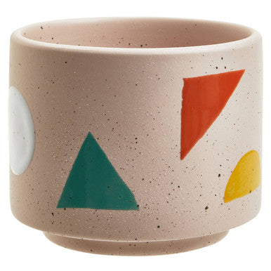 Beige ceramic jada small abstract planter with speckled texture and colorful geometric decals in white orange teal and yellow