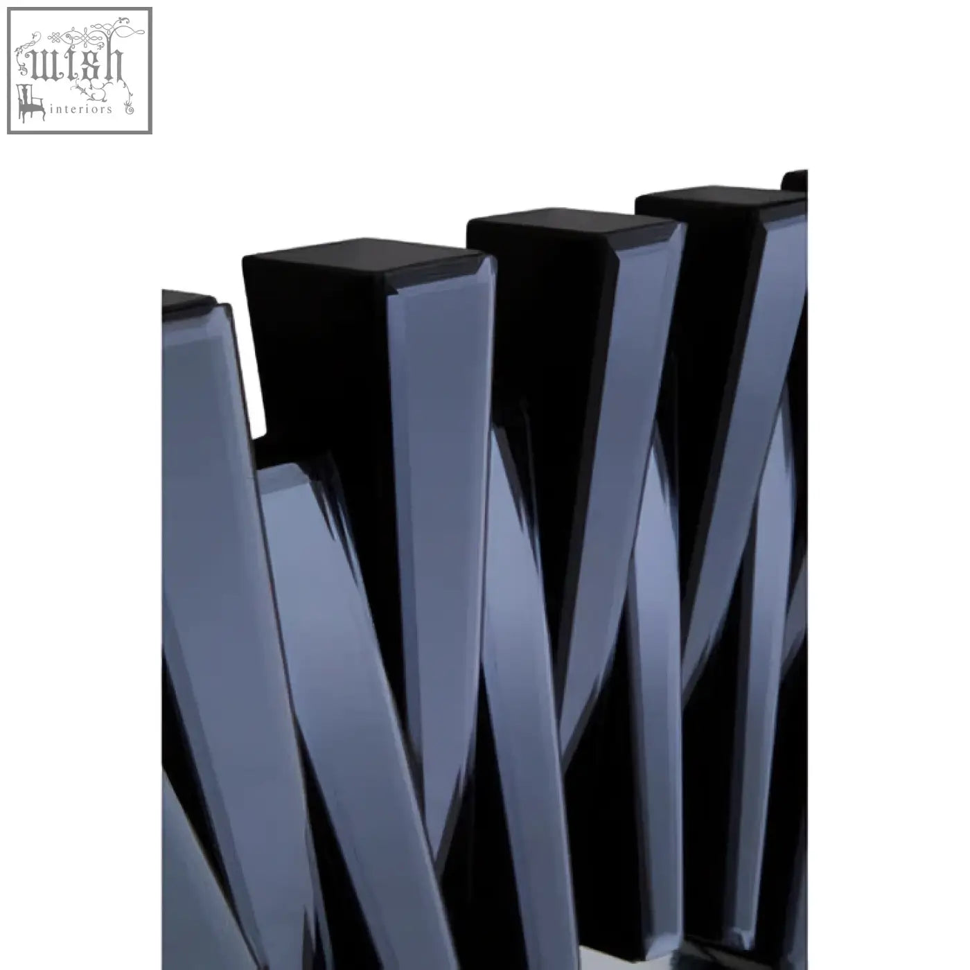 Black glossy radiator with sleek angular panels paired with jade grey rectangular sunburst wall mirror design