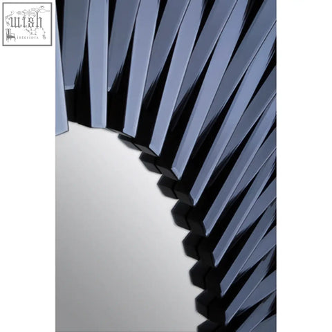 Black glossy angular fan design frame on jade grey rectangular sunburst wall mirror perfect for wall decor