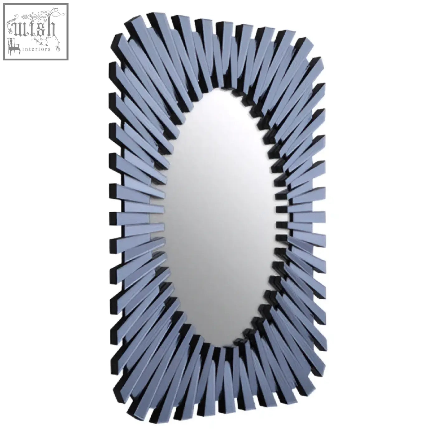 Jade grey rectangular sunburst wall mirror with an oval reflective surface and gray metallic sunburst frame